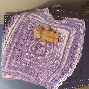 Handmade Hooked on Sunshine "For..." Purple/White Acrylic Baby Blanket -41"